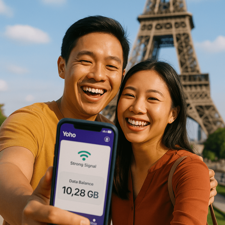 A happy couple using a Yoho Mobile eSIM on their phone to stay connected while traveling in Paris.