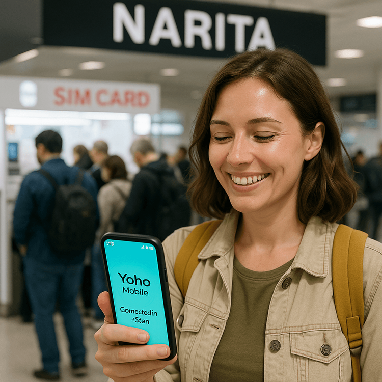 A happy traveler using her Yoho Mobile eSIM for instant internet access upon landing at Narita Airport, Japan.