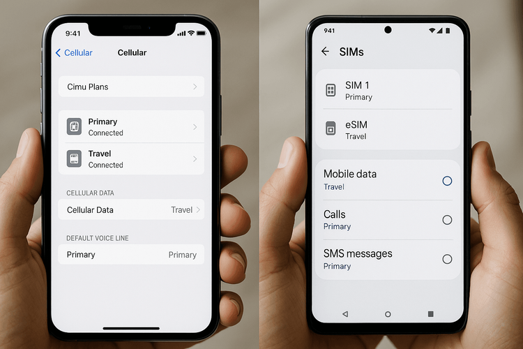 Comparison of dual SIM settings on iPhone and Android for managing travel data.
