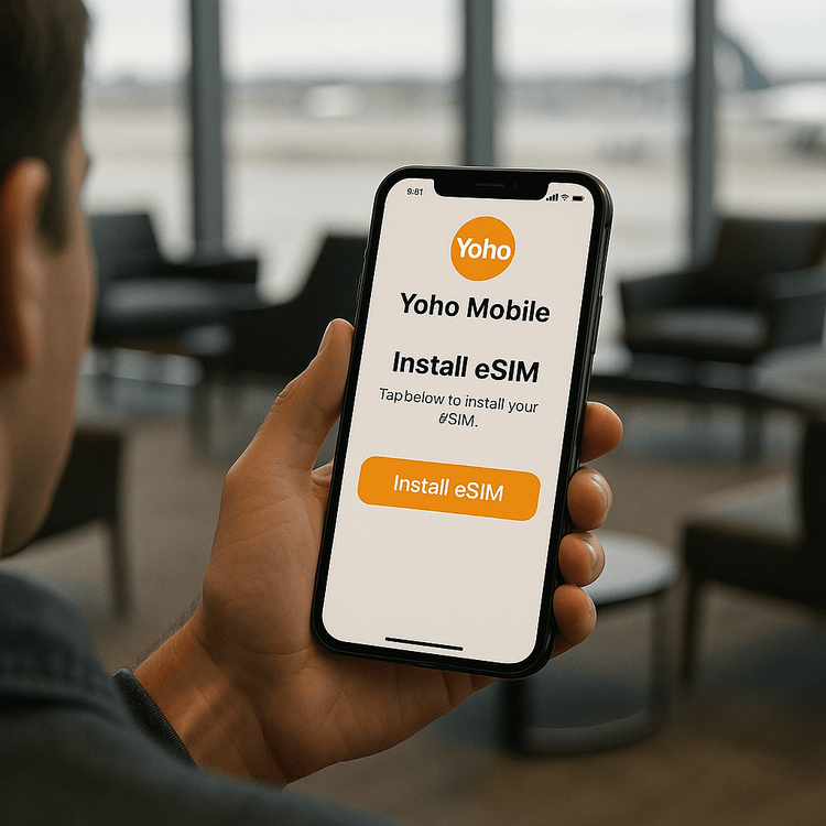 User easily installing a Yoho Mobile eSIM on an iPhone before their trip to Germany.