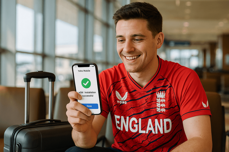 A cricket fan in an England jersey easily activating his Yoho Mobile eSIM on his smartphone before his flight to Australia for The Ashes.