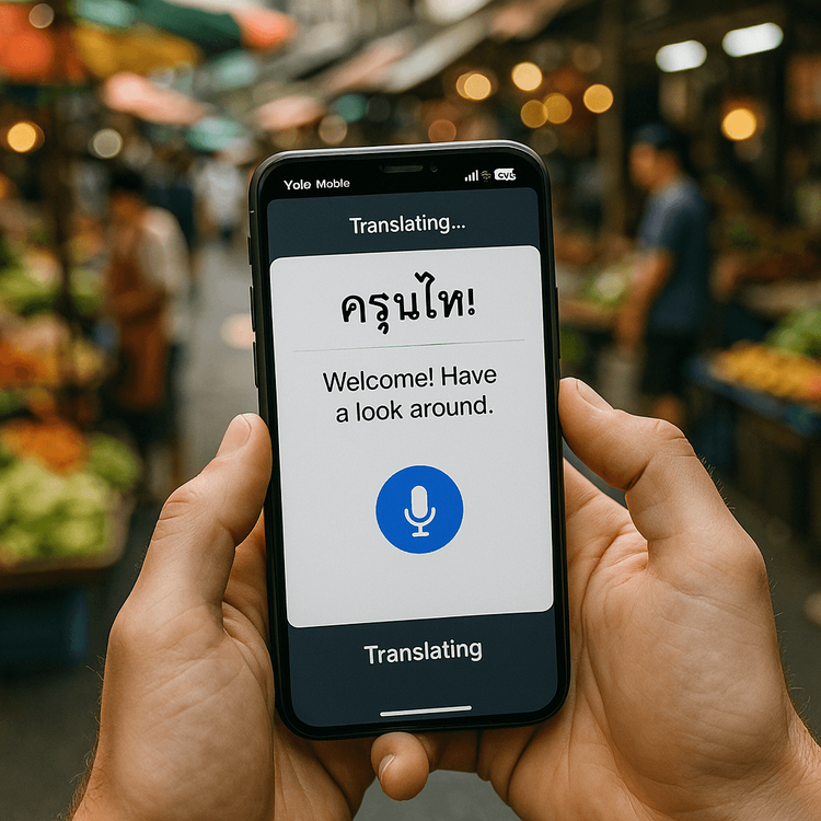 A traveler using an AI translation app on their phone with a Yoho Mobile eSIM to communicate in a Thai market.
