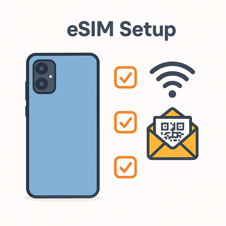 A checklist for eSIM setup showing a compatible smartphone, Wi-Fi connection, and a QR code from an email.