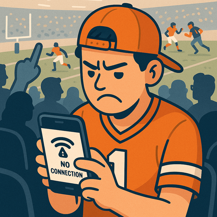 Illustration of a frustrated football fan with no phone signal at the NFL Berlin Game.