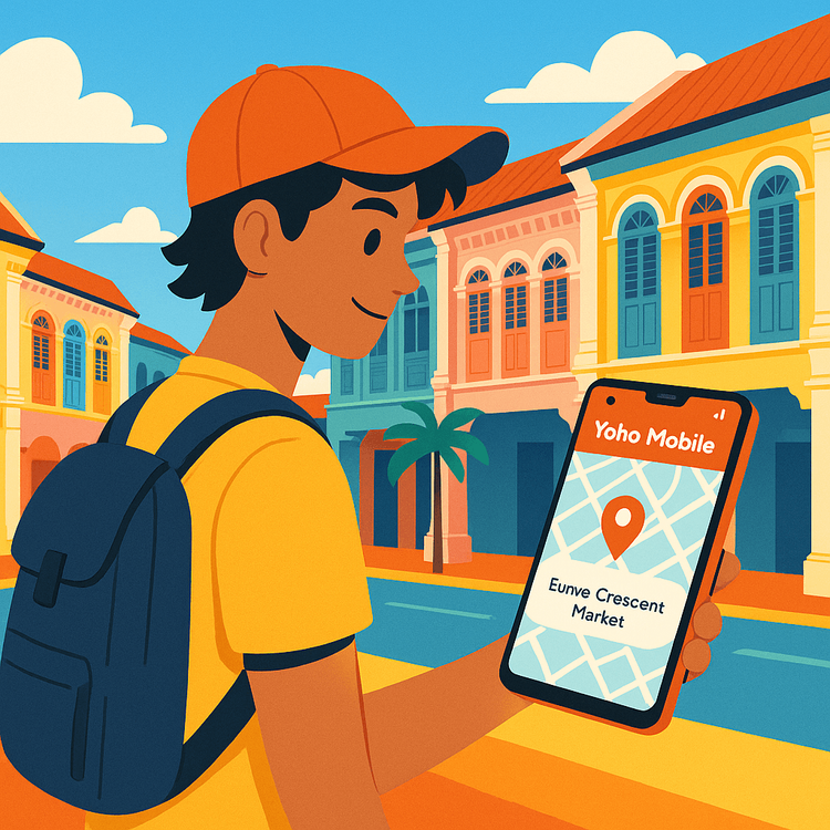 An illustration of a tourist using the Yoho Mobile app on their phone to navigate to a food market in Singapore.