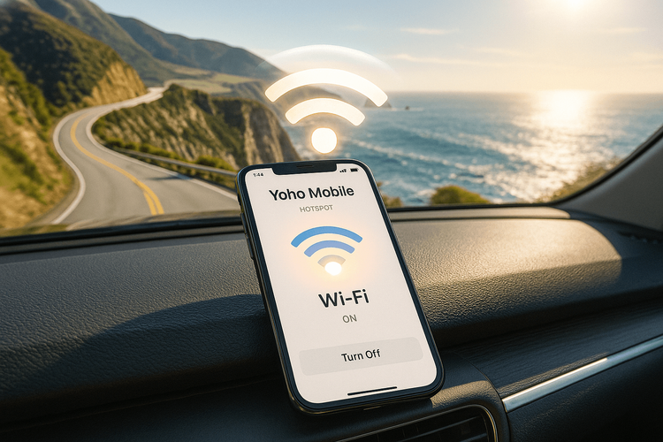 A smartphone using a Yoho Mobile eSIM to create a Wi-Fi hotspot on the dashboard of a car during a scenic road trip.