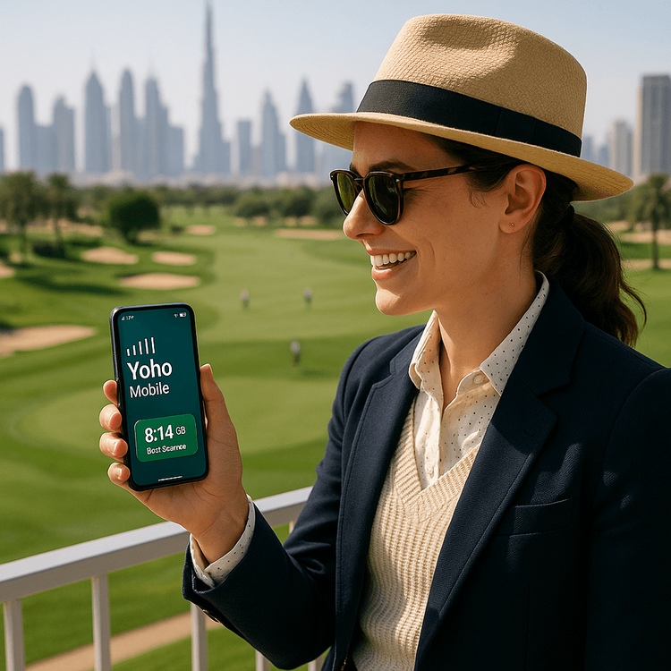 A golf fan using a Yoho Mobile eSIM on their phone to stay connected at the DP World Tour in Dubai.