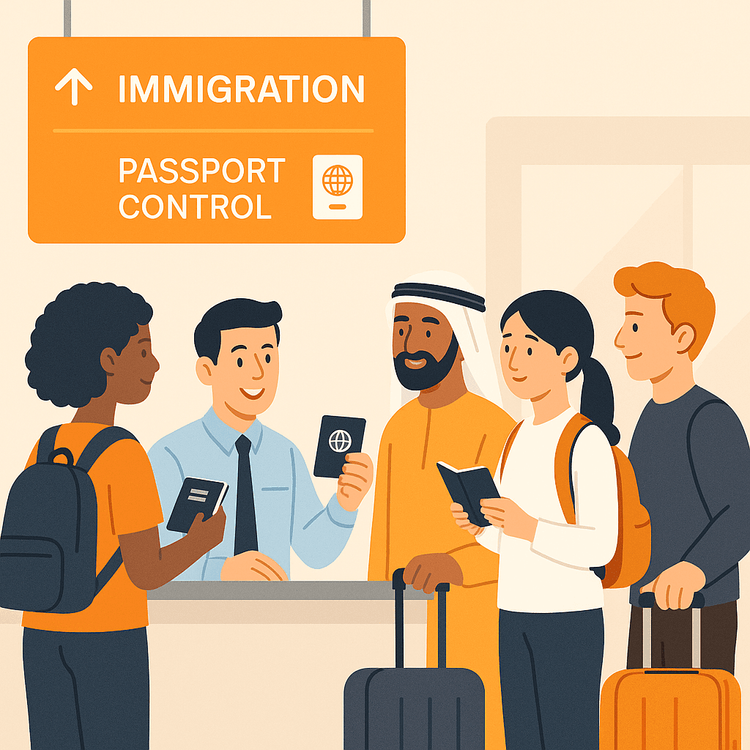 Illustration of first-time travelers calmly going through airport immigration and passport control.