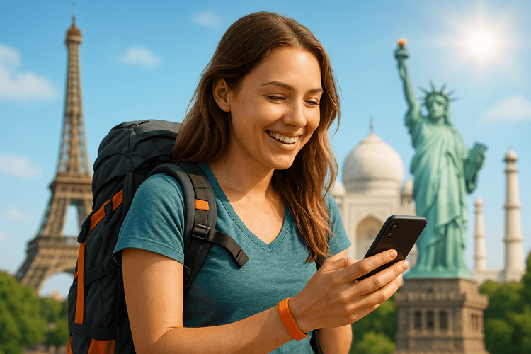 A happy world traveler using her phone with global eSIM connectivity, with famous landmarks in the background.