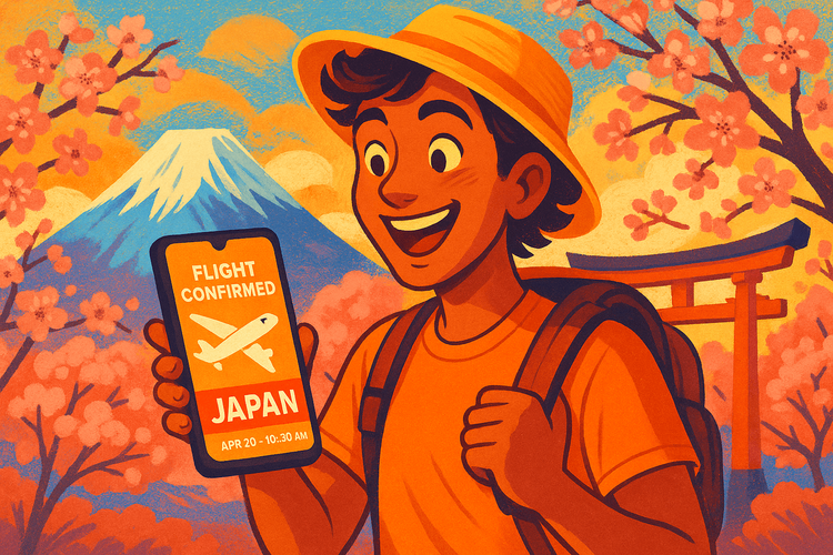 Excited traveler planning a trip to Japan after booking an ANA flight sale.