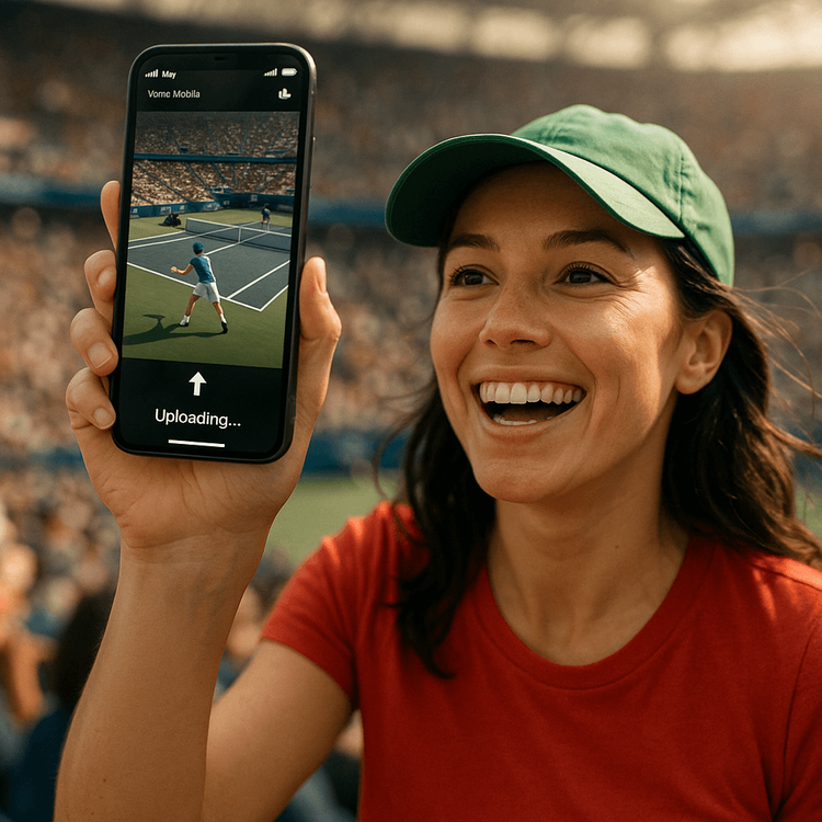A happy fan using her phone with a Yoho Mobile eSIM to share a video from a live tennis match.