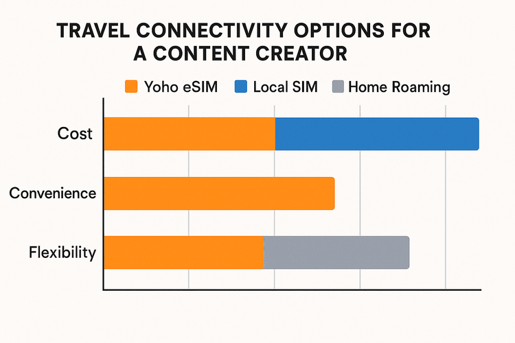 A comparison chart showing the advantages of Yoho eSIM over local SIMs and home roaming in terms of cost, convenience, and flexibility for travelers.
