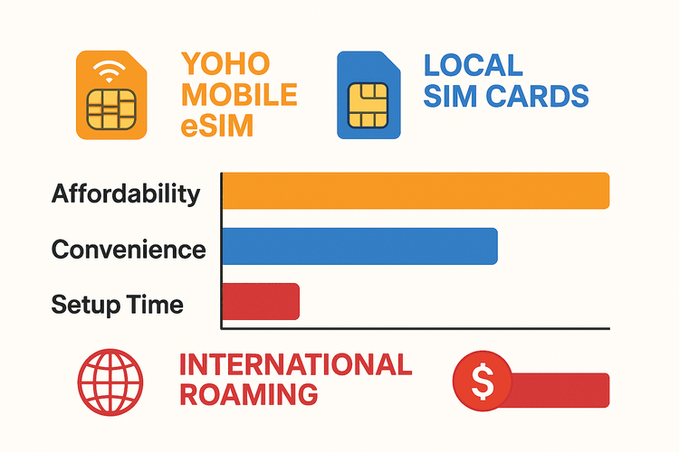 Infographic comparing Yoho Mobile eSIM, Local SIM Cards, and International Roaming for group travel based on cost, convenience, and setup time.