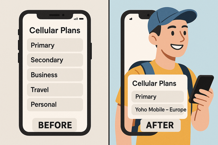Comparison of a cluttered versus an organized list of eSIM profiles on a smartphone, highlighting the benefit of deleting old eSIMs.