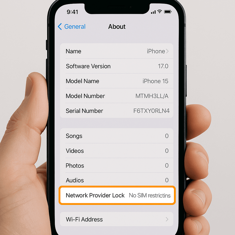 Screenshot of an iPhone settings screen showing 'No SIM restrictions' to confirm the device is unlocked for eSIM use.