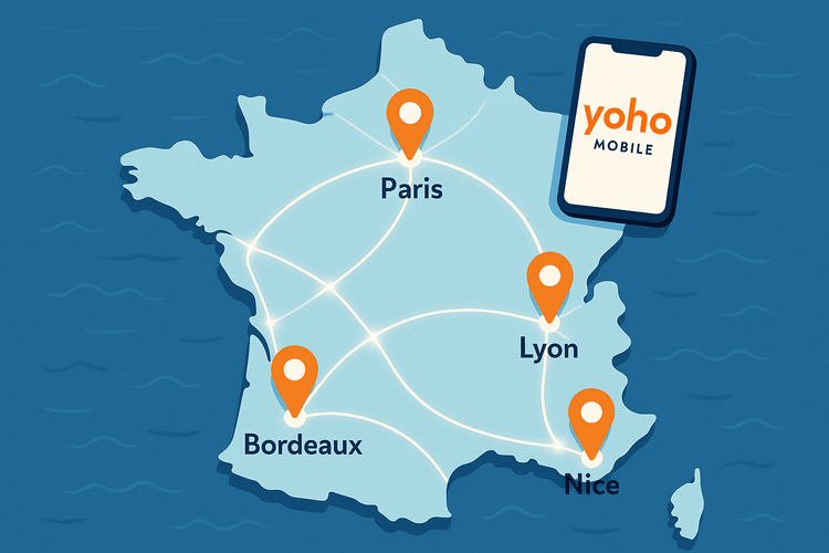 A map of France showing Yoho Mobile's extensive eSIM coverage in major cities like Paris, Nice, and Lyon.