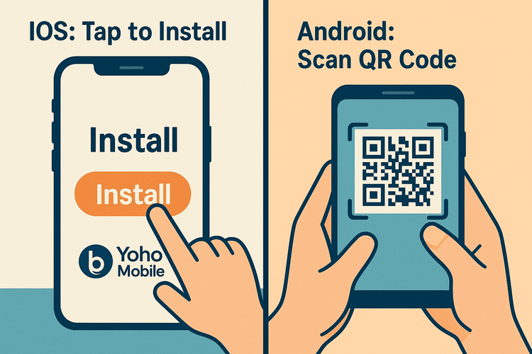 An illustration showing the simple tap-to-install process for Yoho Mobile eSIM on iOS versus the QR code scan method for Android.
