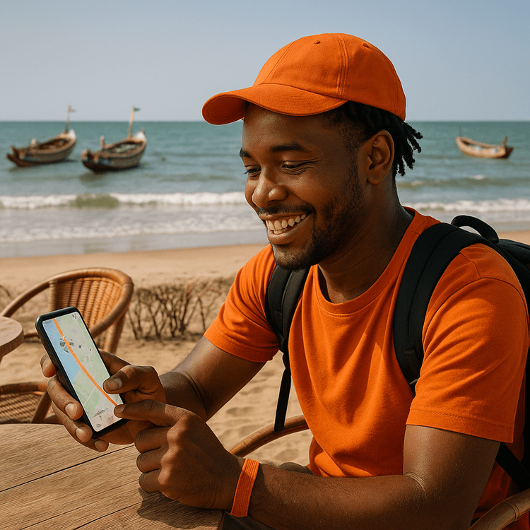 A traveler enjoying seamless internet connectivity with a Yoho Mobile eSIM on a beach in The Gambia.