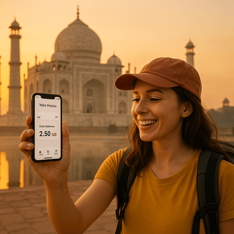 A happy traveler using her Yoho Mobile eSIM on her smartphone in front of the Taj Mahal, India.