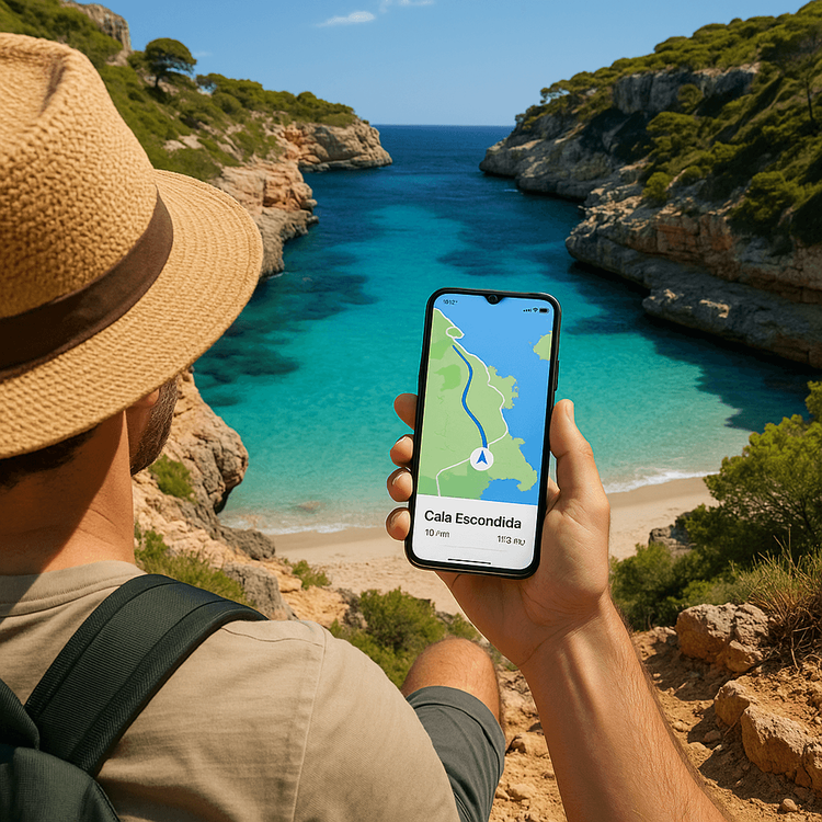 A traveler using a smartphone with a Yoho Mobile eSIM for navigation to a hidden cove in Mallorca.