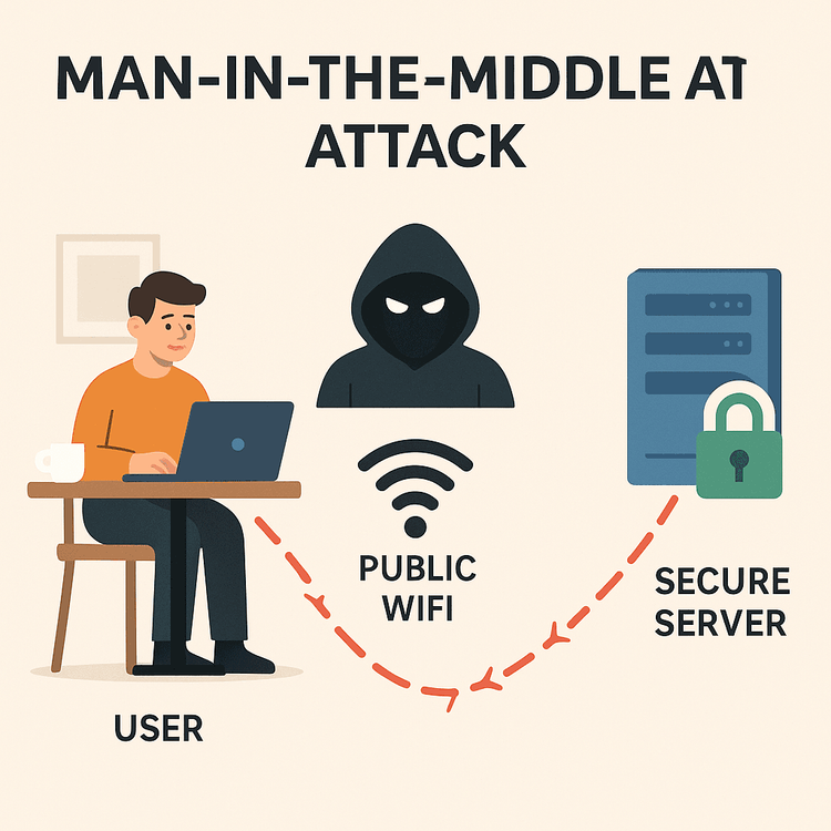 Diagram showing how a hacker can perform a Man-in-the-Middle attack on an unsecured public WiFi network.