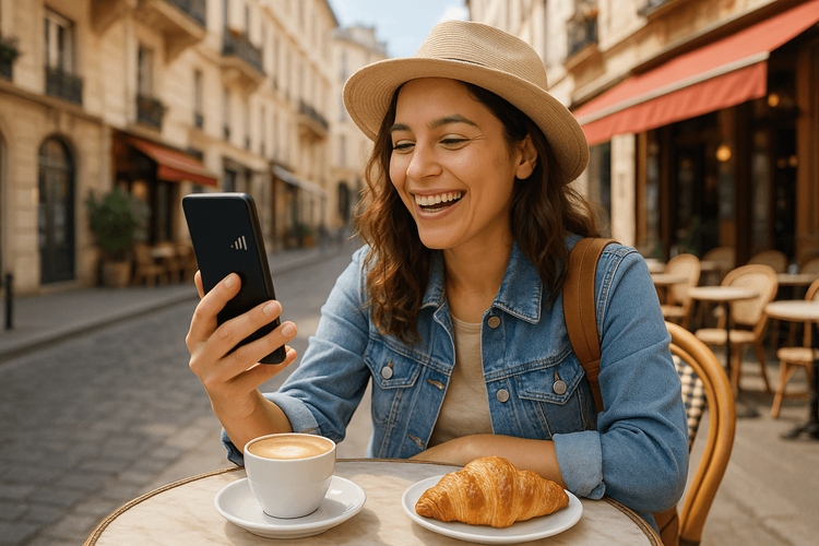 A traveler happily making a call in a European cafe, demonstrating the convenience of using Wi-Fi calling abroad.
