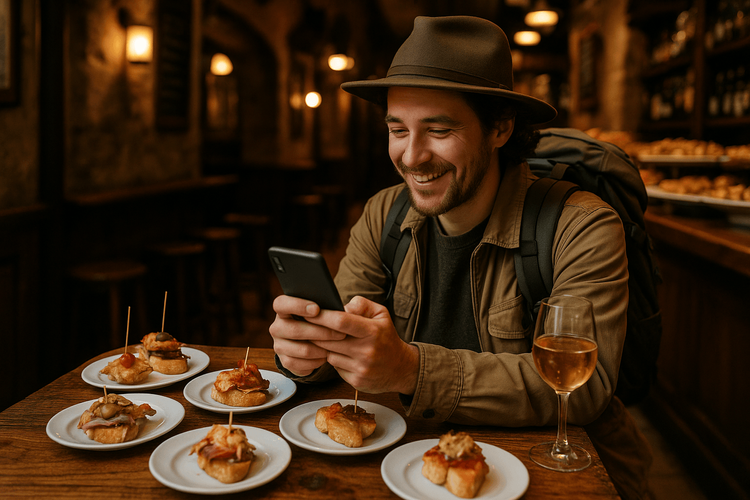 A traveler using their phone with a Basque Country data plan to enhance their pintxos experience in San Sebastián.