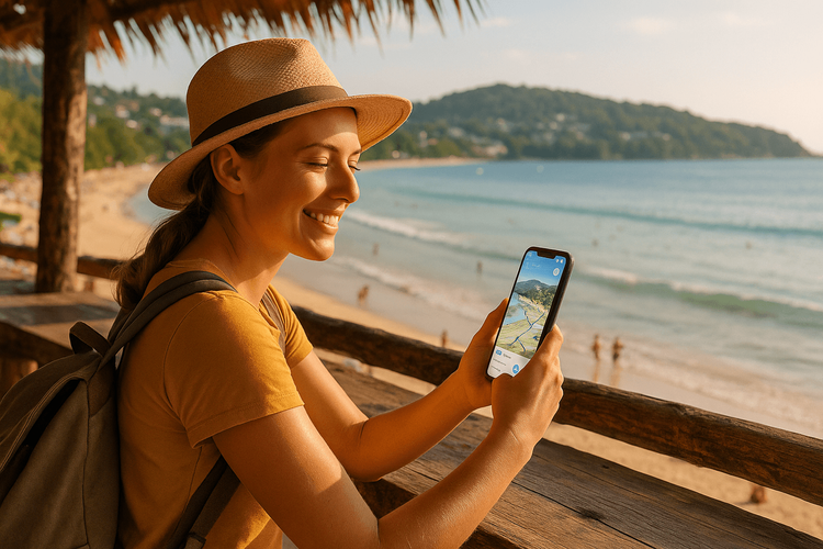 A happy traveler using her phone with a reliable Yoho Mobile eSIM connection at a beach bar in Phuket, Thailand.