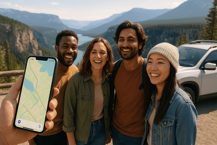 Friends on a North American road trip using a smartphone with a strong data signal from their Yoho Mobile eSIM.