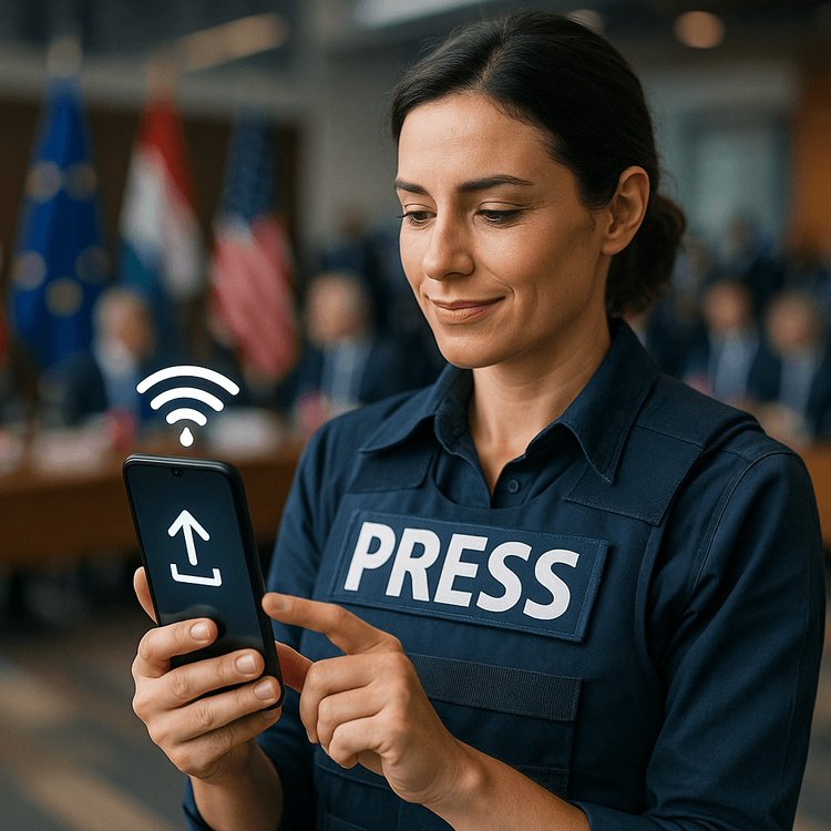A journalist using a Yoho Mobile eSIM for secure and reliable field reporting at an international event.