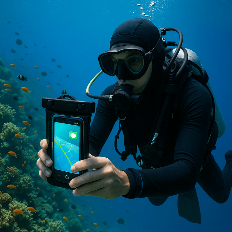 A diver checks their phone underwater in Indonesia, demonstrating the reliable connection of a Yoho Mobile eSIM for adventurers.