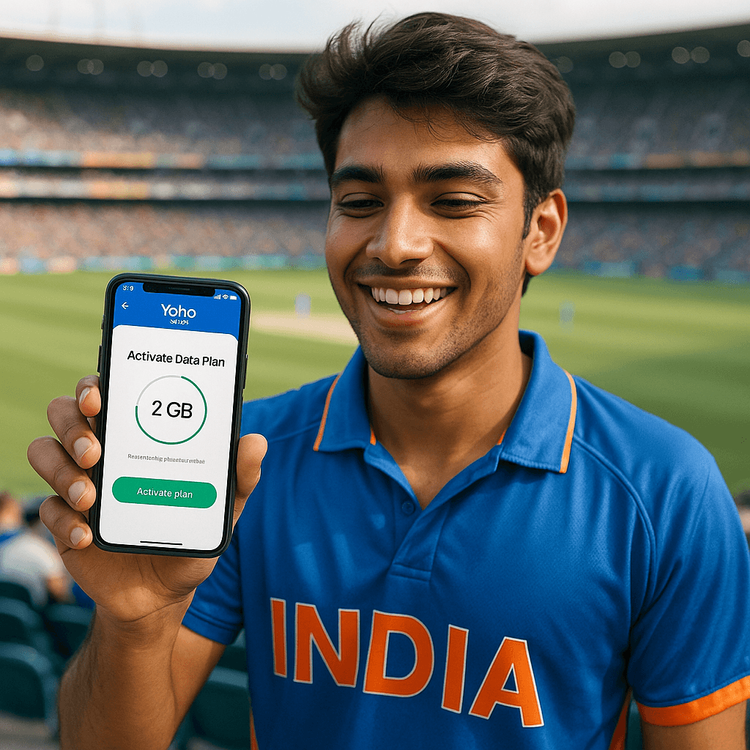 A cricket fan easily activating their Yoho Mobile eSIM on their smartphone inside a packed Asia Cup stadium.