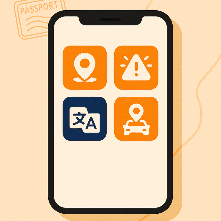 An illustration of a smartphone screen showing various essential safety apps for travelers.