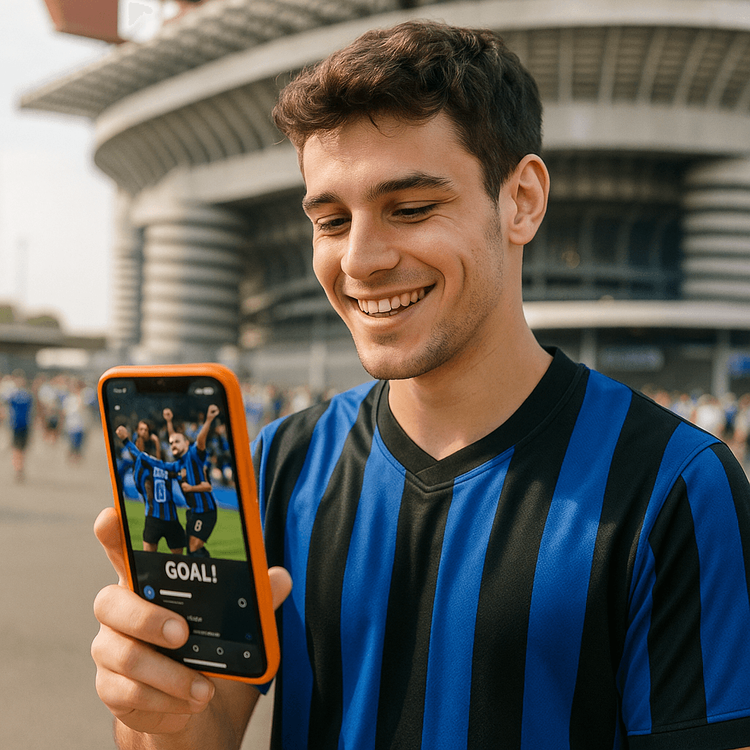 A football fan using his Yoho Mobile eSIM data to share his experience outside an Italian stadium.