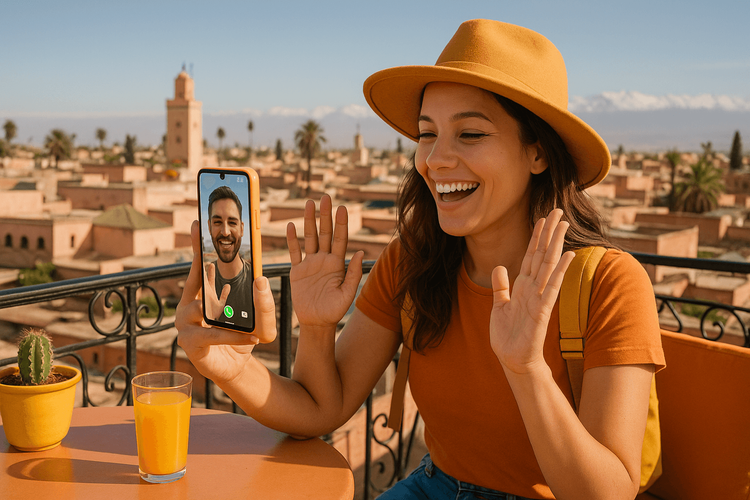 A traveler enjoying a seamless video call on her smartphone from a rooftop cafe in Marrakech, thanks to her reliable eSIM connection.