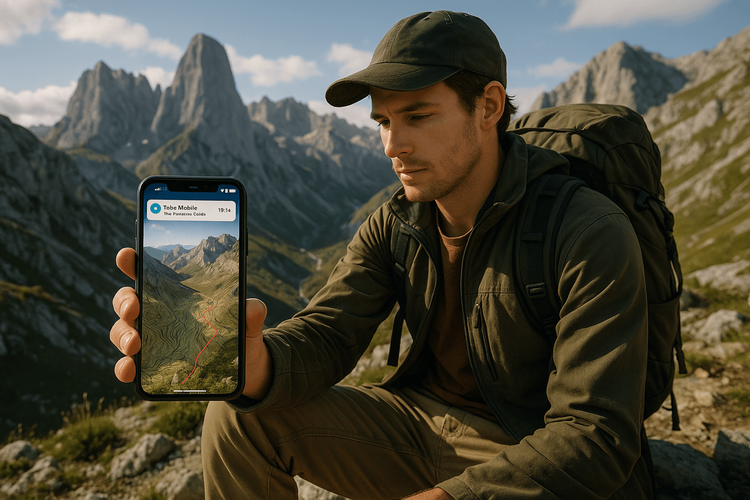 A hiker using a smartphone with Yoho Mobile eSIM for navigation in the Picos de Europa, Spain.