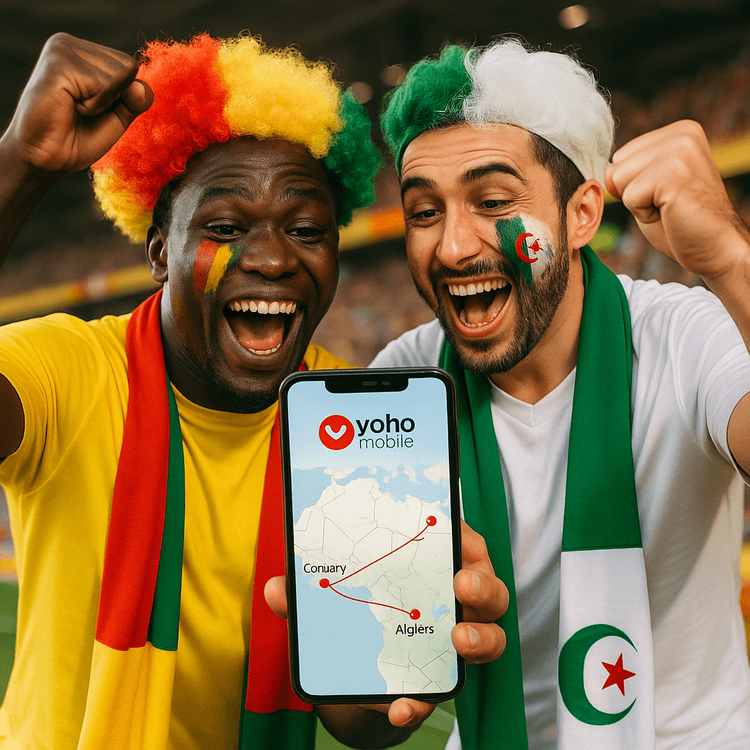 Football fans from Guinea and Algeria using a Yoho Mobile eSIM to stay connected during the match.