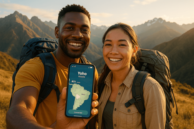 A happy traveler using their Yoho Mobile eSIM for reliable data service while exploring the mountains of Peru.