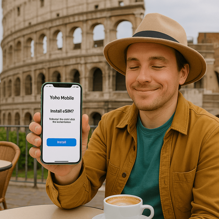 A traveler easily installing a Yoho Mobile eSIM on their iPhone while enjoying a coffee in Europe, showcasing the convenience of activation.