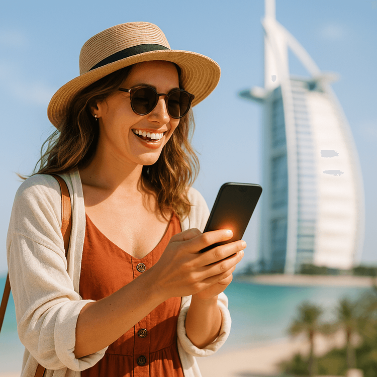 A traveler enjoying a seamless internet connection on her phone with a Yoho Mobile eSIM in Dubai.