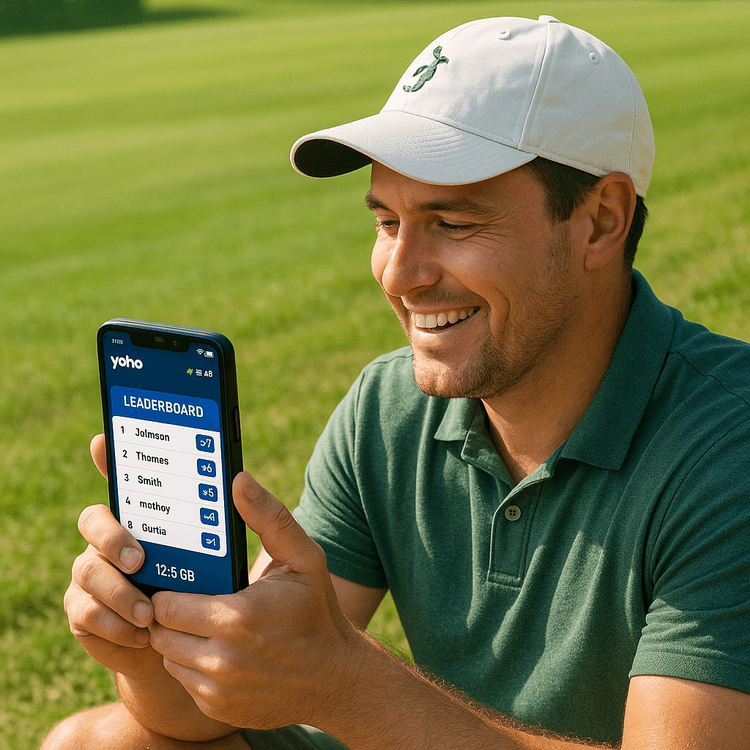 A golf fan at an LPGA tournament using their smartphone with Yoho Mobile eSIM to check live scores and stay connected.