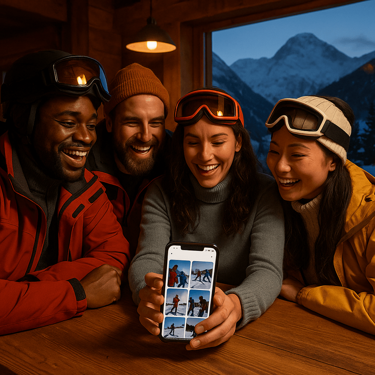 Friends sharing photos from their ski day using reliable Yoho Mobile eSIM data in a cozy Alps lodge.