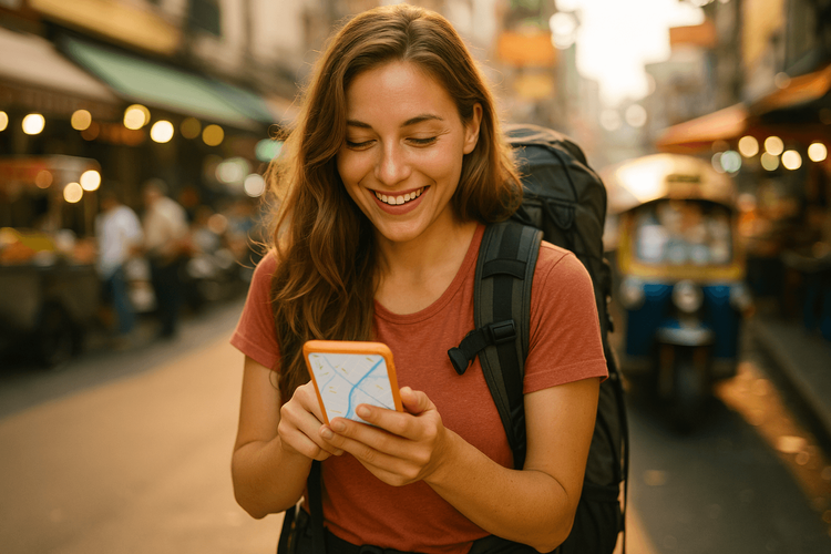 A savvy backpacker using a Yoho Mobile eSIM on her phone to navigate a vibrant Southeast Asian city street.