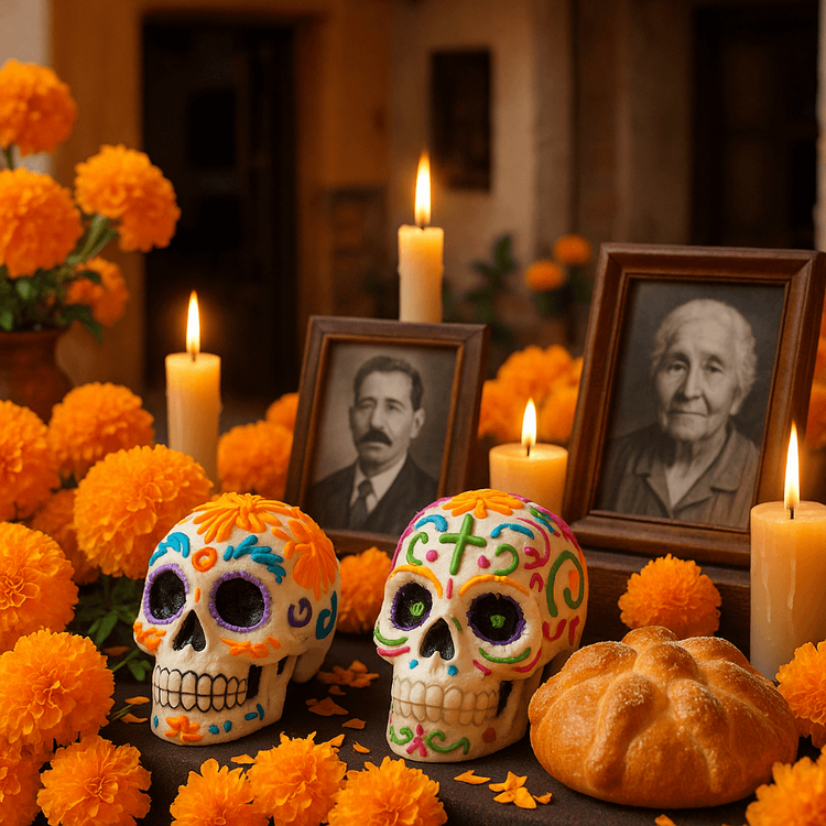 A colorful and detailed ofrenda for Day of the Dead in Oaxaca, decorated with marigolds, candles, and sugar skulls.