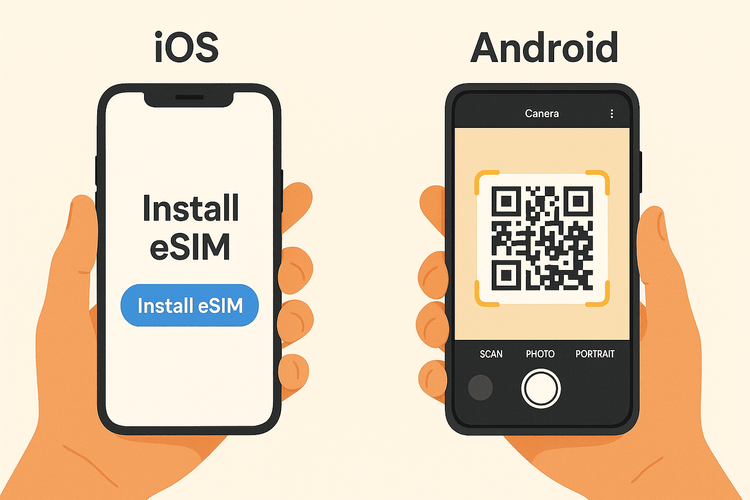Illustration comparing the simple one-click eSIM installation on iOS with the QR code scan method for Android devices.
