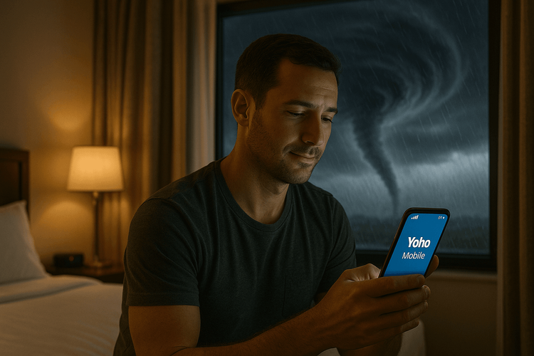Traveler using a Yoho Mobile eSIM for emergency communication during a hurricane.