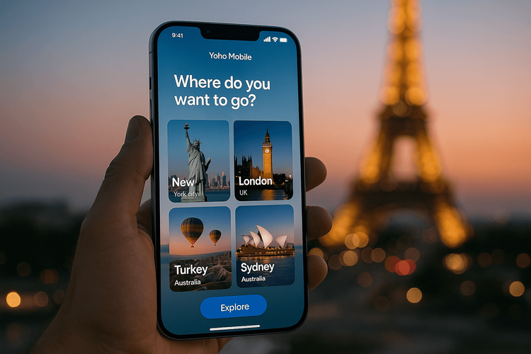 A futuristic smartphone, representing the iPhone 17, showing the Yoho Mobile app in front of a famous travel landmark, symbolizing easy global connectivity with an eSIM.