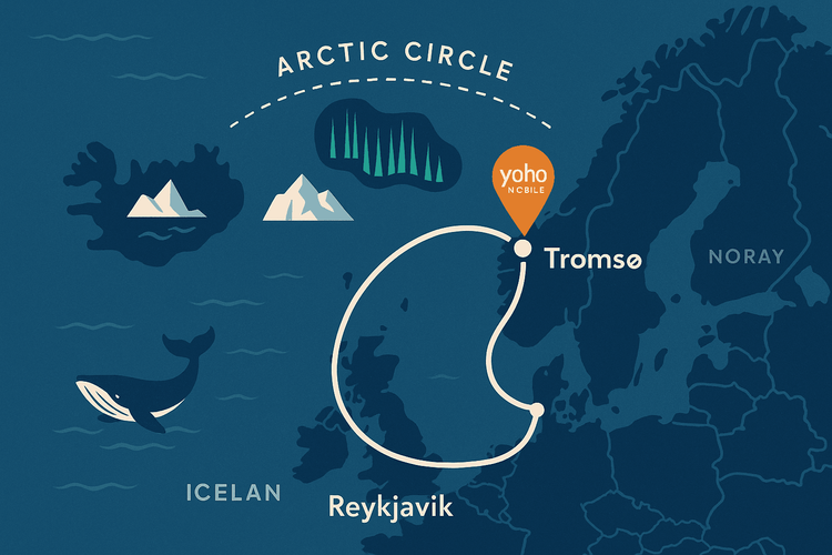 Illustrated map of an Arctic cruise route showing ports in Norway and Iceland covered by Yoho Mobile eSIM.