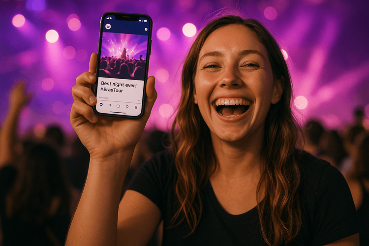 A fan enjoying Taylor Swift's Eras Tour, using her phone with a strong Yoho Mobile eSIM connection to share the moment online.