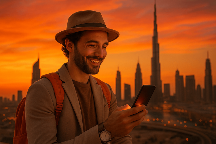 A happy traveler using their phone with a Yoho Mobile eSIM, seamlessly connected in front of the Dubai skyline.